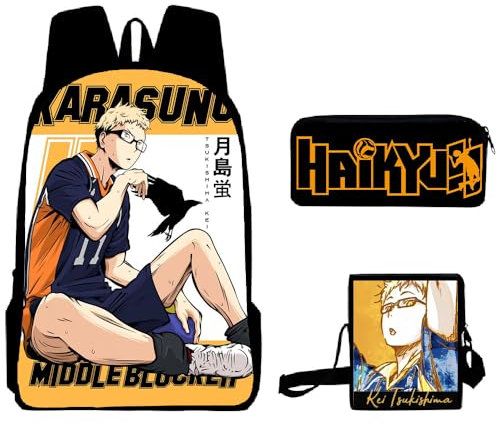 Jilijia Haikyuu Rucksack, Shoyo Hinata/Tobio Kageyama/Ryunosuke Tanaka, Tagesrucksack, Anime, 3D-Druck, Schultasche, Lunch-Tasche, Stiftetasche, 3-teiliges Set, Kei Tsukishima, 40x30x13cm
