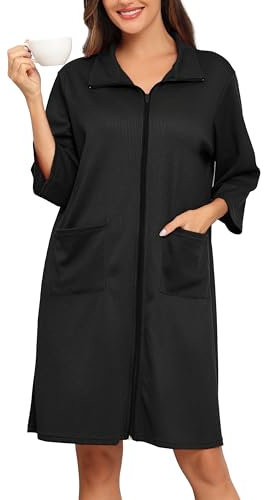 Lovasy Bademantel Waffelpique Damen mit Reissverschluss 3/4 Ärmel Waffelstrick Leichter Morgenmantel Knielang mit Taschen,Schwarz,XL