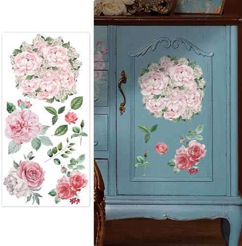 Neukids Wandaufkleber Blume Transfer Aufkleber Rosa Pfingstrose, reiben auf Transfers für Kunsthandwerk, UV DTF Aufkleber für Schlafzimmer Wohnzimmer Bücherregal Tisch Kleiderschrank Wanddeko