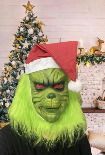 PILUZEAT Weihnachten Maske für Erwachsene Damen Herren Halloween Grüne Monster Universal Vollgesichts Latex Weihnachtsmann Requisiten für Karneval Maskerade Cosplay Familien Weihnachtsfeier