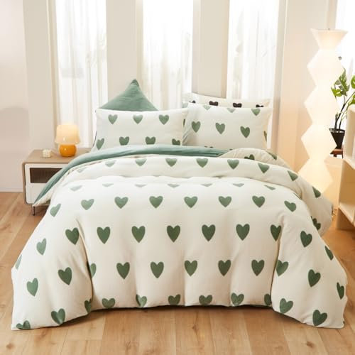 Covebett Bettwäsche Flanell 220x240 Grün Weiß Herzen Winter Warm Biber Flannelette Wende Winterbettwäsche 3teilig Flauschig Plüsch Fleece Bettbezug und 2 Kissenbezug 80x80 mit Reißverschluss