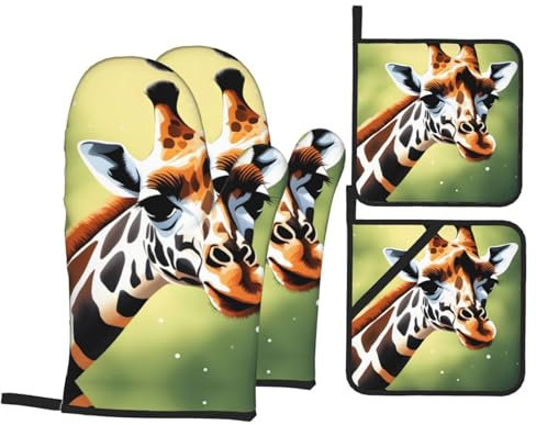 Lot de 4 gants de cuisine et maniques mignons et drôles en forme de girafe pour barbecue et pâtisserie