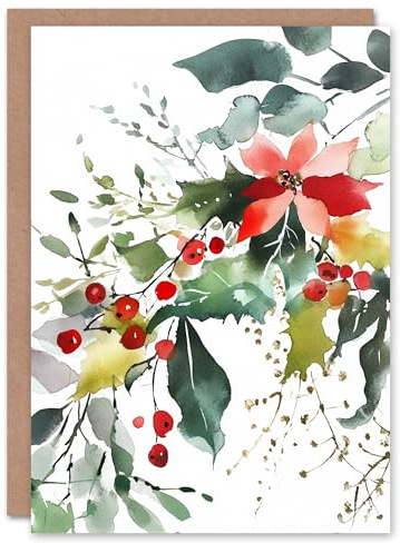 Artery8 Holly Tree Poinsettia Festive Flower Blank For Him Or Her Art Xmas Festive Christmas Card