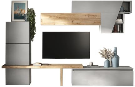 ARREDO DA CASA Parete Attrezzata Soggiorno Design Moderno 305x210 cm Composizione di 2 Pensili Lunghi 4 Pensili a Cubo e Mobile Porta TV Rovere e Grigio PAL71