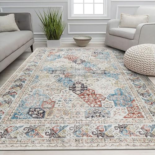 MOONLIGHT20015 Washable Rugs Living Room Large 240x320 cm - Fluffy Vintage Area Rugs for Bedroom - Non Slip Low Pile Soft Boho Rug Carpets for Lounge - Traditional Rug for Dining Room, Coastal