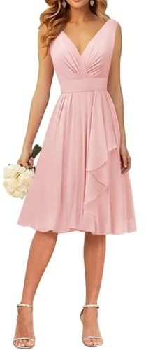 WSEYU Robes de soirée à col en V, robes de demoiselle d'honneur courtes à volants en mousseline de soie, robe de cocktail pour remise de diplôme, rose, 36