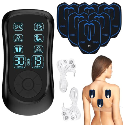 DAJASD EMS TENS Gerät Schmerztherapie, 2 Kanäle TENS Reizstromgerät mit 8 Stück Elektroden Pads, 6 Modi und 19 Intensitäten, Muskelstimulator zur Muskelentspannung Schmerzlinderung