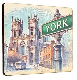 Wooden Fridge Magnet featuring York Street and Cathedral Design, Vintage Style (mag-kf25-2598)