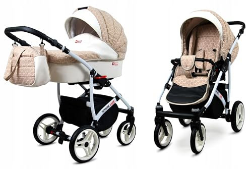 BabyLux White Lux 2-in-1 Baby Kinderwagen Tief und Kinderwagen mit Zubehör Verstellbar und faltbar Aluminium Konstruktion Wasserdicht Nicht abnehmbare Räder Sand