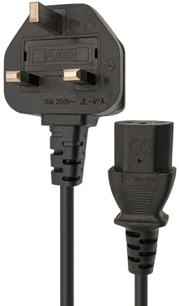 Double Dragon UK 3-Pin Plug to IEC C13 Power Cable – 2 Metre | 10A Fused BS1363 Plug | VDE Certified H05VV-F 3G 1.0mm² Copper Core | CE & BS Approved Black PVC Kettle Lead for PC, Monitor, Printer etc