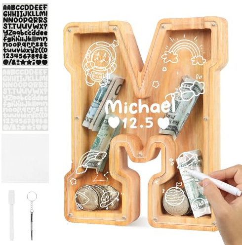 flintronic Spardose Kinder, Spardose Personalisiert aus Holz, Retro Sparbüchse Aufbewahrungsbox, Geldgeschenk Kinder, Taufgeschenke für Junge/Mädchen, Einschulung (M)