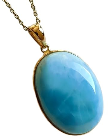 LKBEADS natürlicher Larimar 23x17 mm ovaler glatter blauer Anhänger 925 Sterling Silber Birnenhalskette mit 18 Zoll Kabelkette Heilenergie spiritueller Schmuck Geschenk Damen & Herren|gmpd_0264