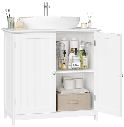 FOREHILL Waschbeckenunterschrank weiß Badezimmer Unterschrank mit 2 Türen | Badezimmerschrank unter Waschbecken, Badschrank klein, Waschtischunterschrank mit verstellbarem Regal, 60 x 30 x 60 cm