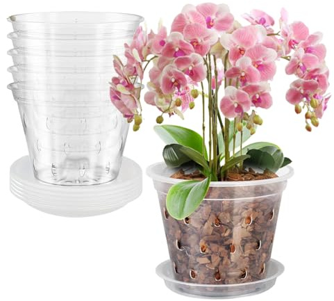 SKIKHN 17CM Clear Orchid Pot,5 Pack Clear Plastic Plant Pots with Drainage Hole and Tray,House Plant Pots Nursery Pots for Orchid Repotting Kit,Breathable Slotted Seed Seedling Pots for Root Growing