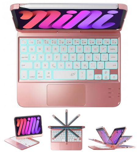 BABG Custodia con tastiera per iPad mini 7 A17 Pro (2024) 8,3, rotazione a 360° a 180°, tastiera flip per iPad mini 7a/6a generazione, multi-touchpad, retroilluminazione a 7 colori, batteria