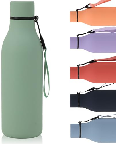 Water Bottle with Strap 550ml, Stainless Steel Water Bottle, Double Wall Insulated Flask Bottle Keeps 24H Cold/12H Hot, Leakproof Metal Drinks Bottle, BPA-Free for Travel, Gym, Hiking (Green)