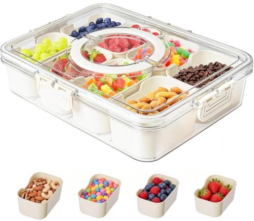 Tolzimx Snackbox mit 8 Fächern, Snackschale, Snackteller mit Deckel und Griff, Snackdose für die Aufbewahrung von Snacks,Süßigkeiten, Nüssen und Obst für Picknicks und Reisen(Spülmaschinenfest)