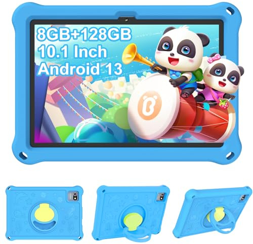YOBWOK Kinder Tablet 10 Zoll Android 13 8GB RAM 128GB ROM,Dual Kameras,Kindersicherung,6000 mAh, HD 1280x800,Für 2-10 Jahre,Eva Hülle,Blau