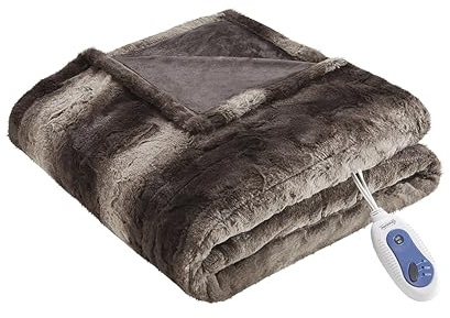 Beautyrest Zuri Electric Blanket Throw Ultra Soft Faux Fur Reverse to Mink Auto Shut Off Oversize with 3 Heat Level Setting Controller, 50x70 Brown
