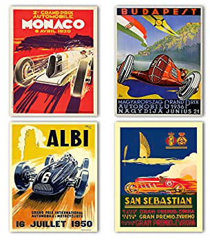 WallBUddy Grand Prix Poster Set of 4 grand Prix Prints Wall Art Poster Motor Racing Poster Motor Racing Art Car Poster Prints Grand Prix Art (30cm x 40cm)