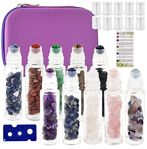 Juanxian 10 x transparente Glasflaschen, 10 ml, inklusive Tragetasche, natürliche Halbedelsteine, ätherisches Öl, Edelstein-Roller, Heilkristall-Chips im Inneren (mehrfarbig)