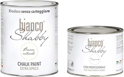 bianco Shabby Peinture Craie Toutes Surfaces – 1 L Blanc Naturel Peinture Mate + Cire 500 ml Chalky Finish pour Meubles en Bois - Chalk Paint Deco Maison Vintage & Déco Meuble