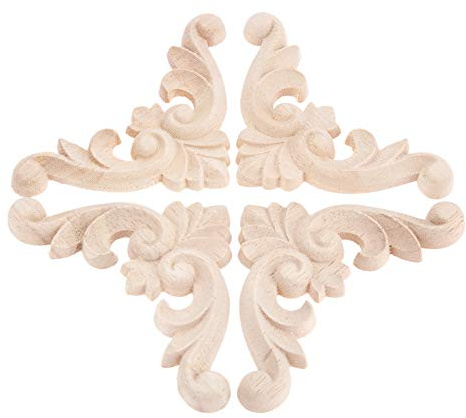 MUXSAM 4Pcs Wood Carved Corner Onlay,Rubber Wood Appliques,8 * 8cm | Unpainted for Custom Staining,Lightweight Solid Timber for Cupboard,Wardrobe&Fireplace Vintage Renovation Projects Victorian
