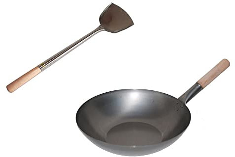 AAF Nommel ®, Wok Set, Pfanne 36 cm Ø flacher Boden Carbon Stahl + Wok Spahtel Edelstahl 43 cm lang mit Holzgriff. Für Gasherd, Elektro, Ceran und Induktion