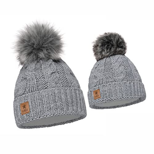 ELIMELI Eltern-Kind Mütze Mädchen Warme Wintermütze für Mutter und Tochter Mütze Damen Winter mit Kunstfell Bommel Slouch Strick Beanie Damen Bommelmütze Kinder Mama und Baby Cap Set 1 (Grau)