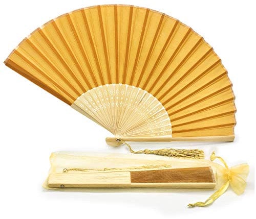 FANSOF.FANS Fabric Handheld Folding Hand Fan With a Tassel Grade A Bamboo Ribs for Women Girls Summer Party Event Favour Birthday Wedding Souvenir Gift (Dark Gold Yellow)