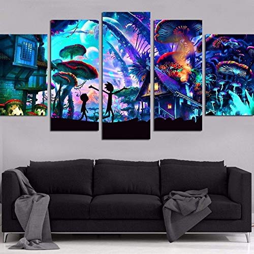 Leinwanddrucke 5 Stück Kunstdruck Wandbild 150×80Cm Rick Und Morty Animation Mehrteilig Aufhängen Bilder Für Wohnzimmer Wohnkultur,Hd Gedruckt Rahmen Segeltuch Malerei