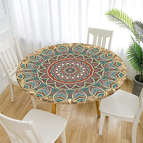 FANSU Tischdecke Rund 180cm Abwaschbar, Grün Mandala Elastisch Rund Tischdecken Modern Wasserdicht Fleckschutz Tische Gartentischdecke für Outdoor Küche