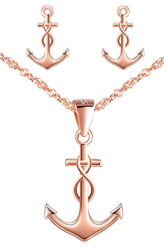 Yumilok Kette Damen Halskette Ohrringe Schmuck Sets 925 Sterling Silber mit Infinity Symbol Unendlichkeit Anker Anhänger für Frauen Roségold