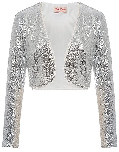 Belle Poque Women Long Sleeve Sequins Evening Top Coat Bolero for Maxi Dresses Silver(570-2) XL