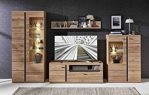 Wohnwand Santos in Altesche massiv gebürstet, Old Artisan Oak Nb. Absetzung in schwarz matt Wohnzimmerschrank inkl. LED-Beleuchtung in verschiedenen Varianten