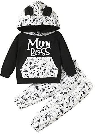 Geagodelia Baby Jungen Kleidung Outfit Babykleidung Set Langarm Kapuzenpullover Top + Hose Neugeborene Weiche Babyset Mini Boss (0-3 Monate)