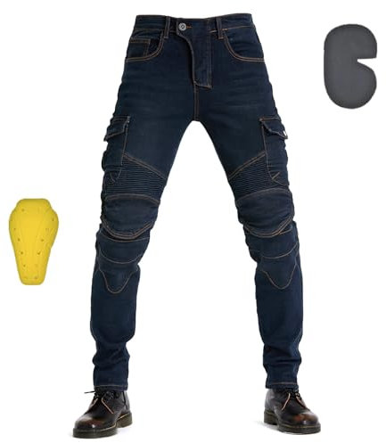 oFzimTo Pantalon Moto Hombre con Protecciones, Elástico Jeans Moto Uomo, Invernale/Estivo, Multicolor Opcional (Blue,L)