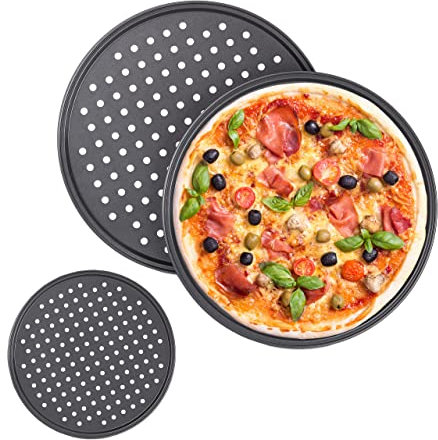 Relaxdays Pizzablech, 3er Set, rund, gelocht, Knusperblech, ∅ 32 cm, antihaft, Pizza & Flammkuchen, aus Stahl, anthrazit