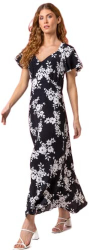 Roman Originals Floral Print Dress for Women UK Ladies Sweetheart Neck Ruched Midi Maxi Long Length Short Sleeve Flattering Casual Summer Spring Party Evening Going Out - Black Pink - Size 10