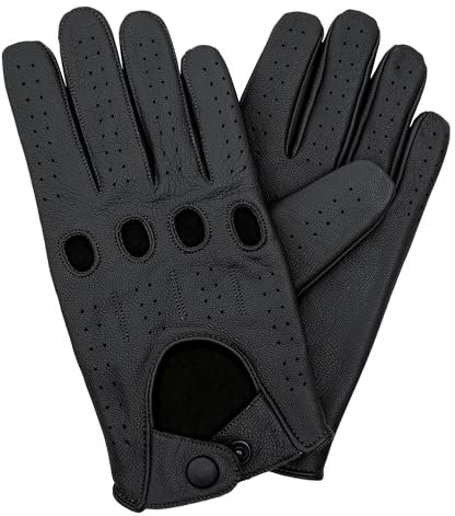 Leatherick Unisex-Fahrhandschuhe aus echtem Ziegenleder ungefüttert hochwertiges Leder – atmungsaktiv mit perforierten Einsätzen und Knöchellöchern mit Lederriemen-Druckknopfverschluss - L