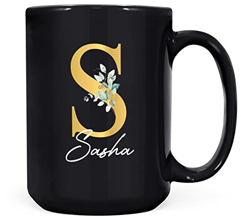 Personalised Letter S Floral Mug Initial with Name, Customised Gift, Gold Effect Printed Letter, NOT Metallic - Ceramic Coffee Cup for Men or Women, Extra Large and Giant Mug, 15oz Black Cup