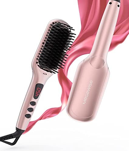 Lisseur à cheveux Megawise (2025) avec brosse en céramique ; Fer plat double tension anti-brûlure | Cordon rotatif | Arrêt automatique | Anti-frisottis | Pour tous types de cheveux (Rose)
