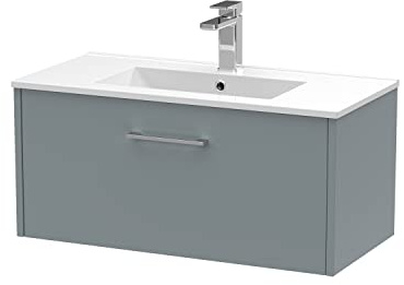 Hudson Reed JNU2325B Juno Modern Bathroom Wall Hung Single Drawer Vanity with Minimalist Ceramic Basin, 800mm, Matt Coastal Grey