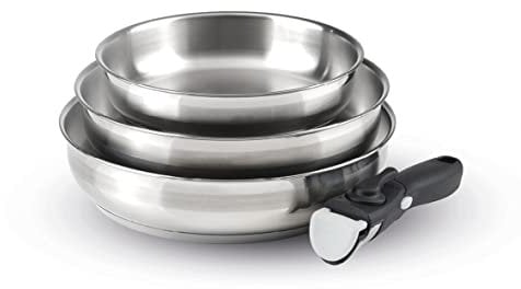Qdesign - Juego de 4 utensilios de cocina de inducción - Juego de 3 sartenes de acero inoxidable de 20, 24 y 26 cm con mango extraíble - Acero inoxidable - Juego para todas las fuentes de calor - Sin