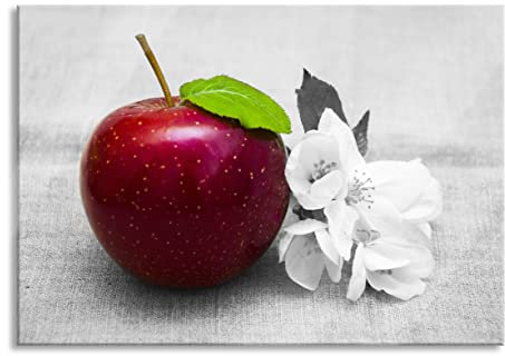 Pixxprint Glasbild | Wandbild aus Echtglas | Schöner roter Apfel mit Blüten | 100x70 cm | inkl. Aufhängung und Abstandshalter