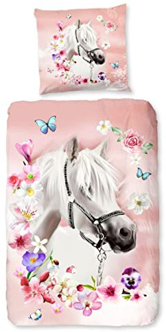 Soma 30798-70-08 Pferde rosa pink Renforcé Bettwäsche-Set 2 teilig Bettbezug 2tlg 135x200cm 80x80 Pferde Bettwäsche rosa pink mädchen Pferde Geschenke für mädchen