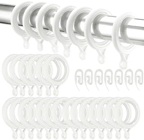 SEUNMUK 50 Pack White Curtain Rings and Hooks, 28mm Plastic Curtain Rings with 50 Hooks White Curtain Rod Rings for Window and Shower Curtain Hanging