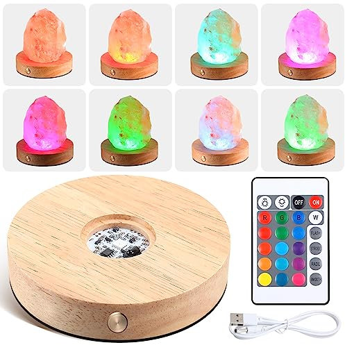 Kittmip Rechargeable LED Base Crystal Display Wood Round LED Light Base Stand 16 Light Modes with Remote Controls and USB Charging Cables Lighted Display Stand for Crystal Glass Art(1 Pack)
