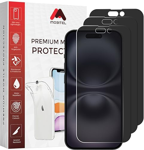 Mobitel 3-Pack Anti-Spy Privacy Screen Protector, 9H Tempered Glass, Anti-Scratch, Anti-Water, Case Friendly (iPhone 16)