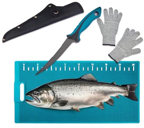 KNINE OUTDOORS Fish Fillet Mat Fish Cleaning Board Fishing Cutting Board Fish Mat with 7 inch Filet Knife, for Easy Filleting, 14x28